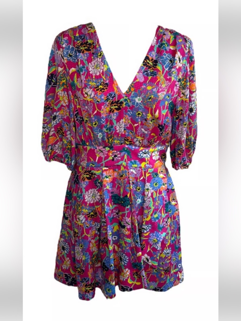 Tanya Taylor Nat Floral Puckered Silk Mini Dress Hot Pink Mixed Meadow Size 8